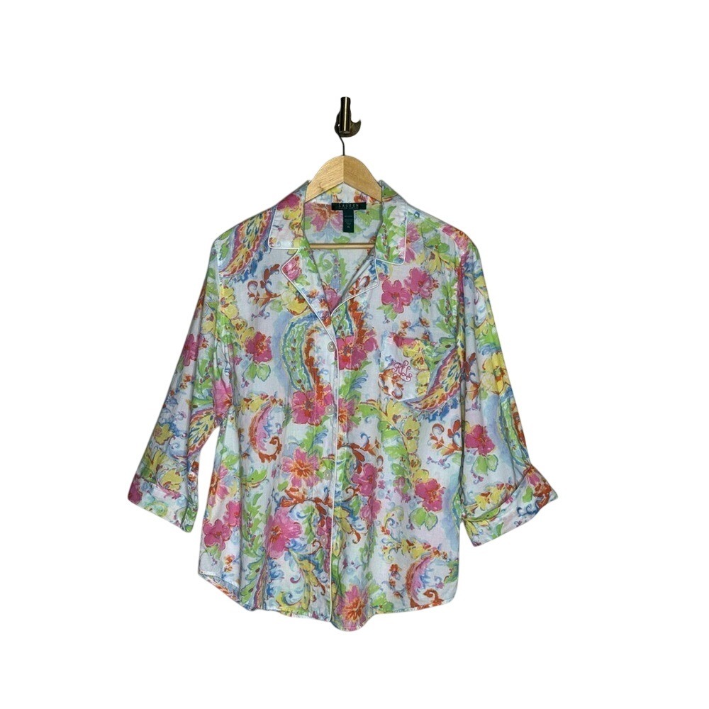 Lauren Ralph Lauren Pastel Floral Cotton Pajama‎ Top XL Cottagecore Lounge